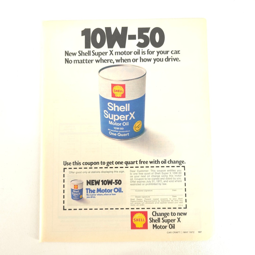 Vintage Shell Super X 10W-50 Oil Can Collector Print Ad Garage Wall Art Display